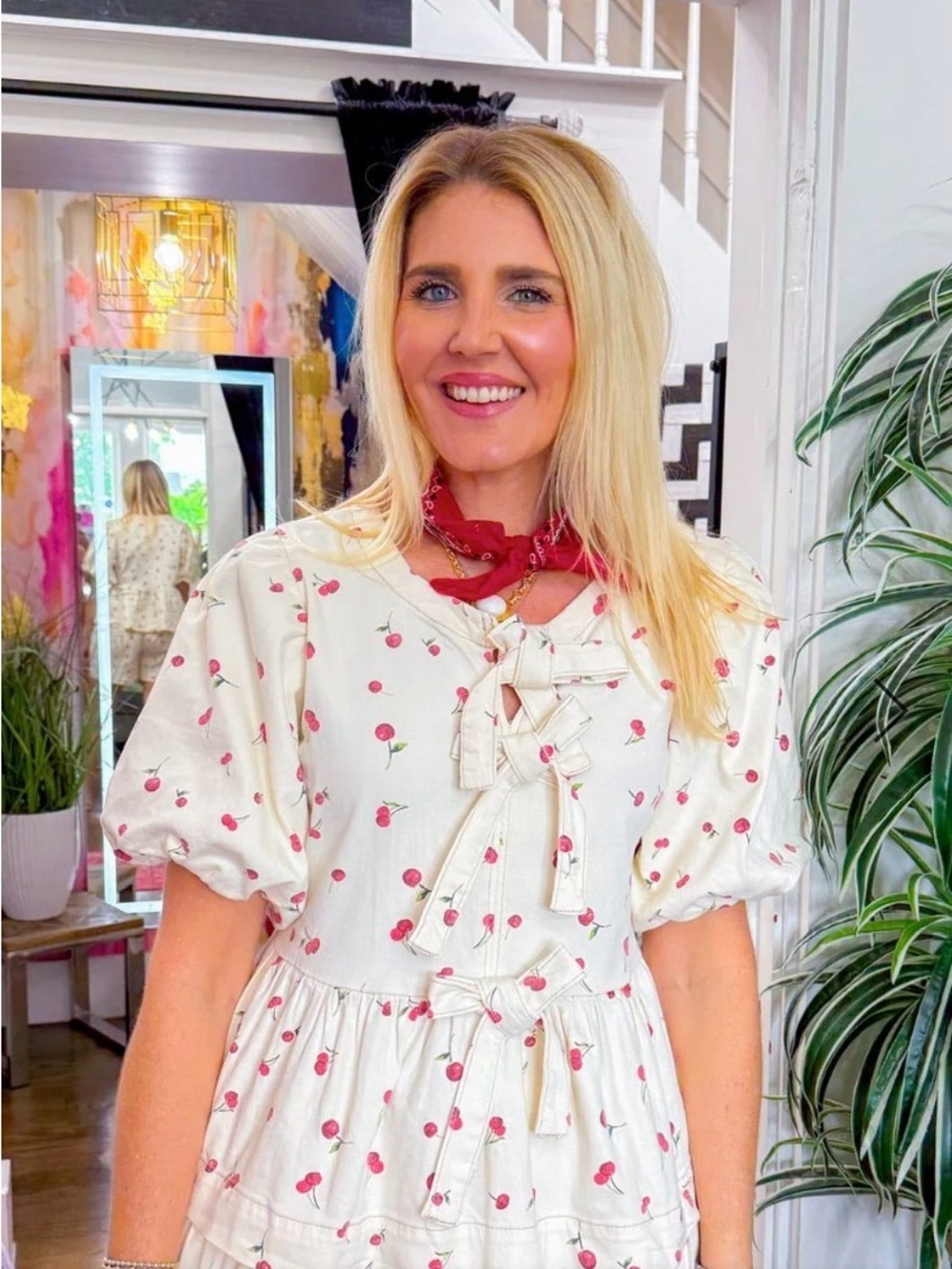 EASEL Cream Cherry Print Puff-Sleeve Blouse - Picture 4 of 4
